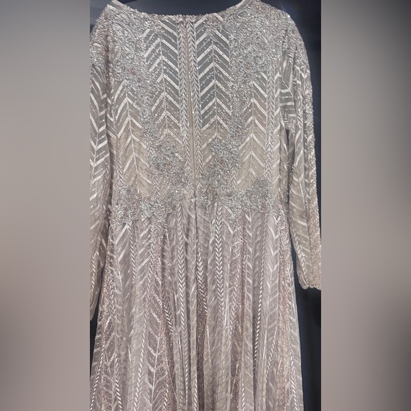 Mac Duggal Beige/Taupe Embellished Illusion Long Sleeve Wrap Over A Line Gown - Picture 8 of 12